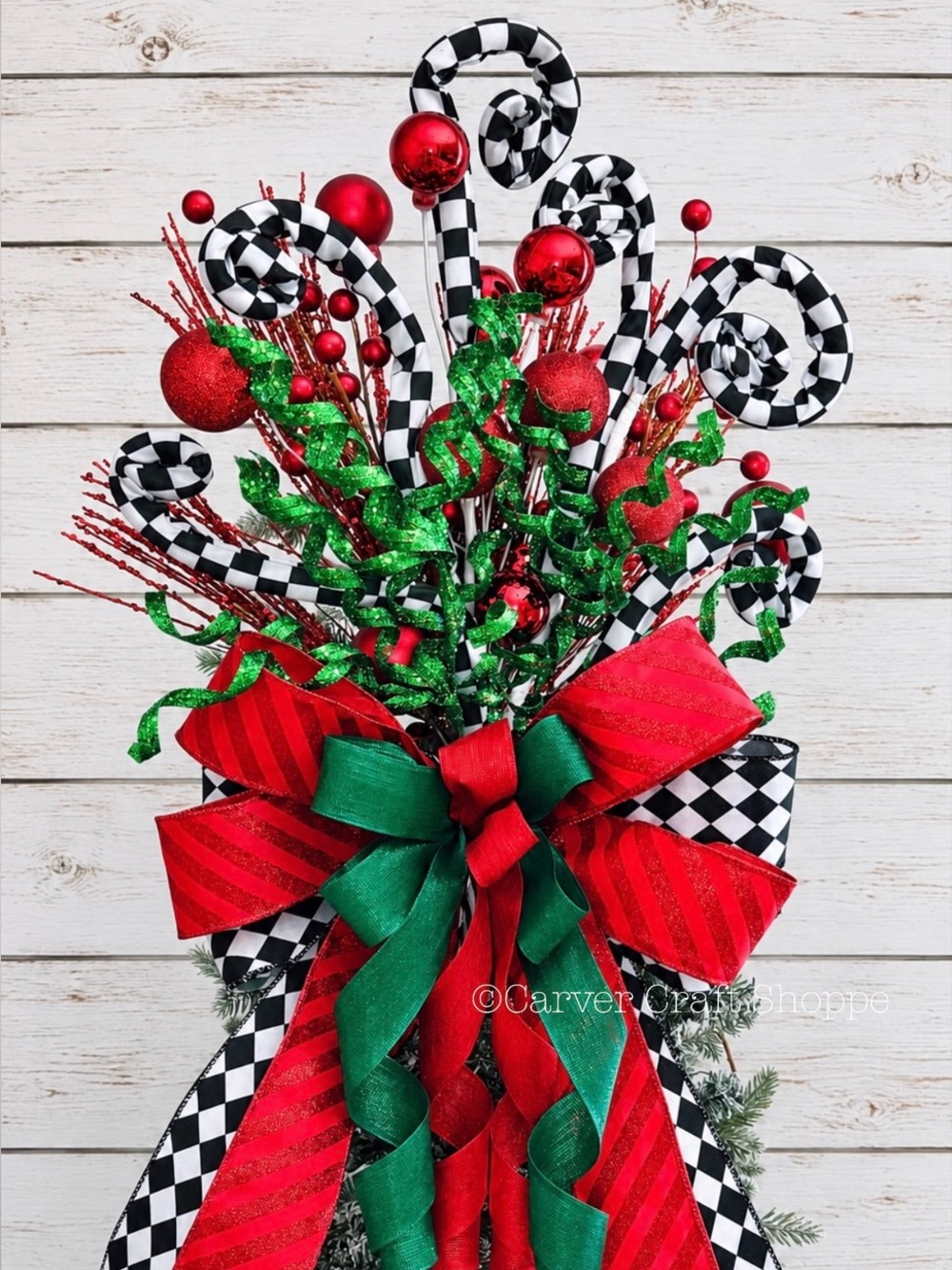 Christmas tree topper tree bows red green checkered decoration decor gift